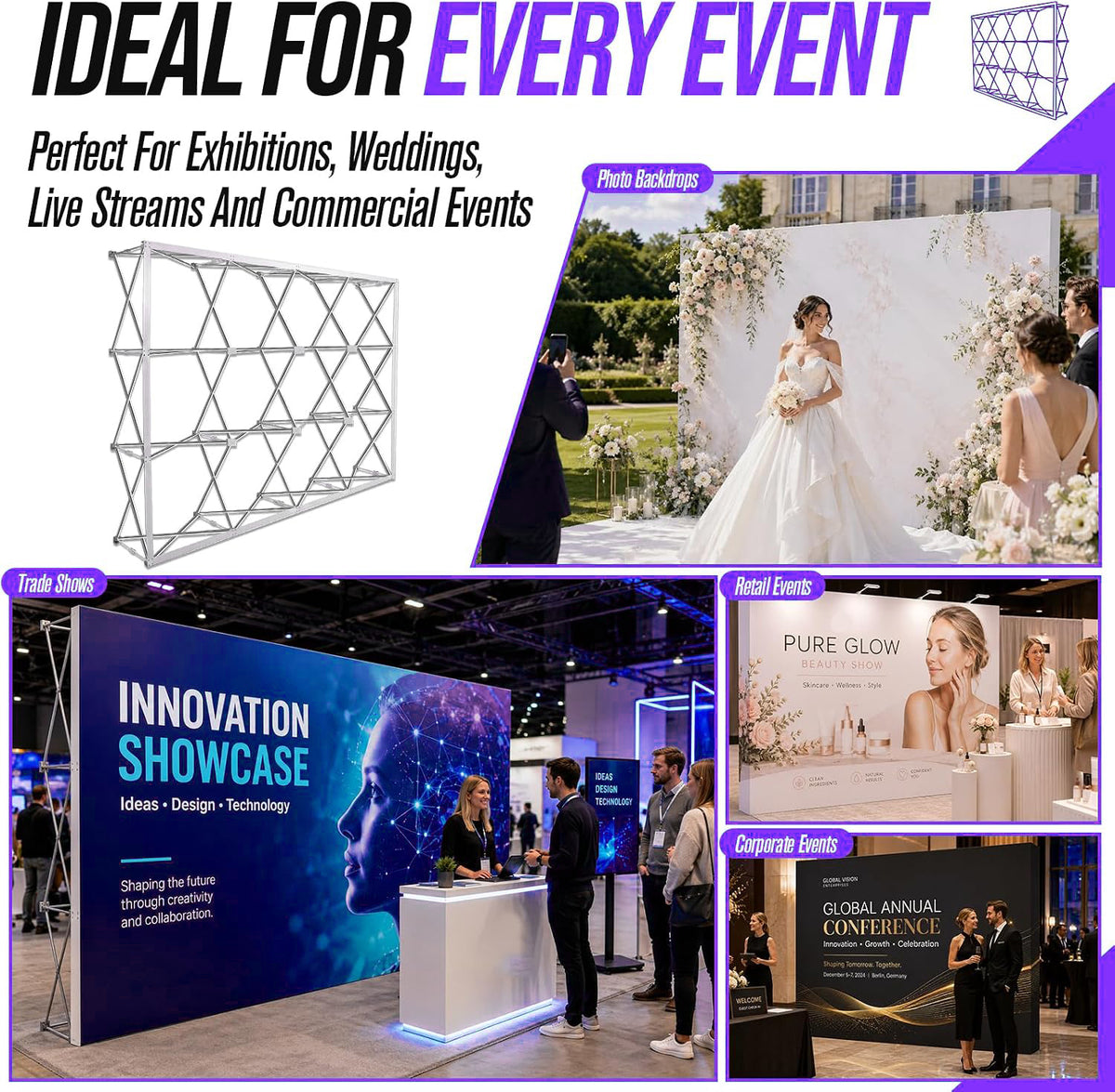 Wrinkle-Free Pop Up Backdrop Banner, Custom Sublimation Printed Popup Step and Repeat Backdrop for Exhibition Booth Brand Promotion