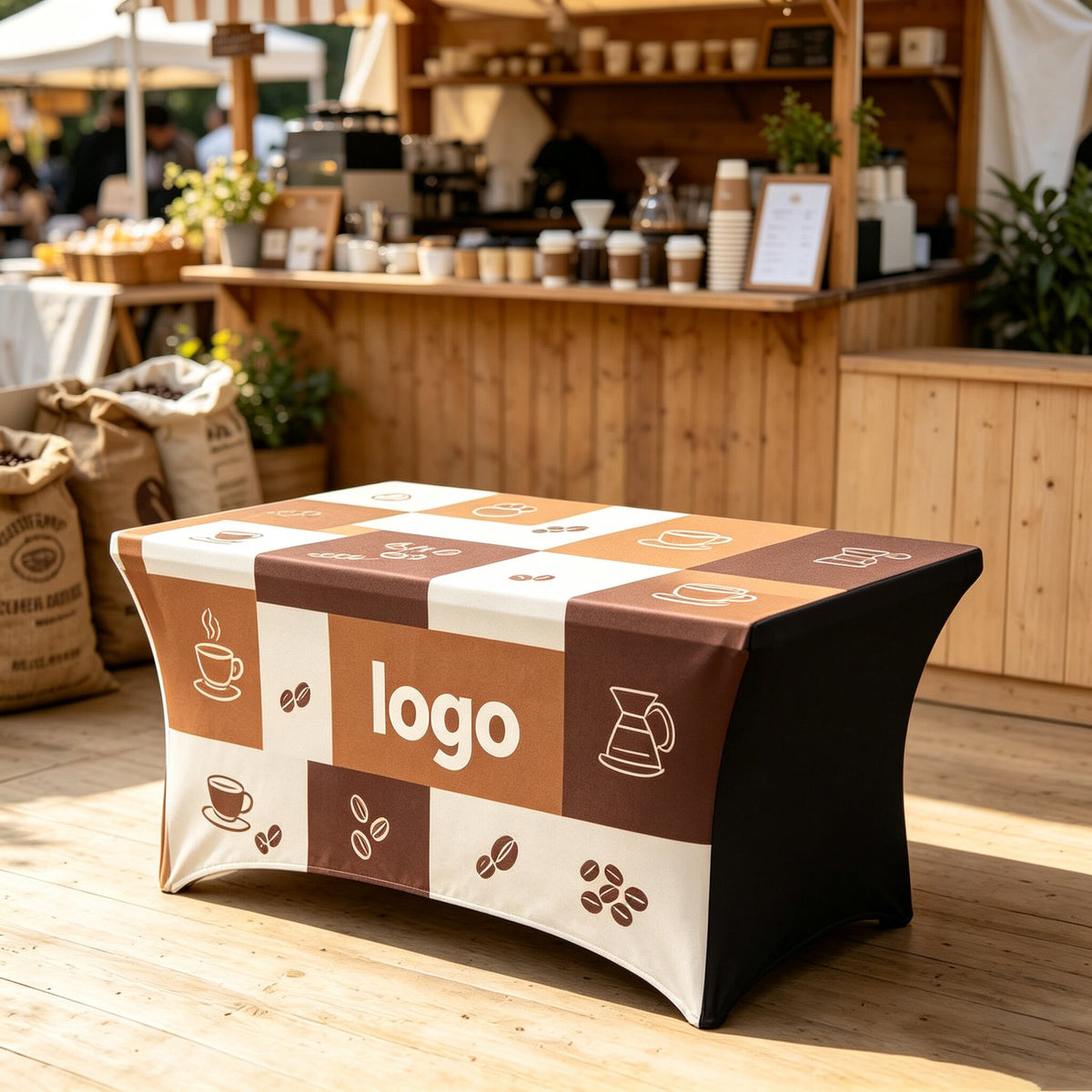 Custom Logo Elastic Fitted Tablecloth, Wrinkle Resistant Stretch Table Cover for 4/6/8ft Rectangular Event Tables