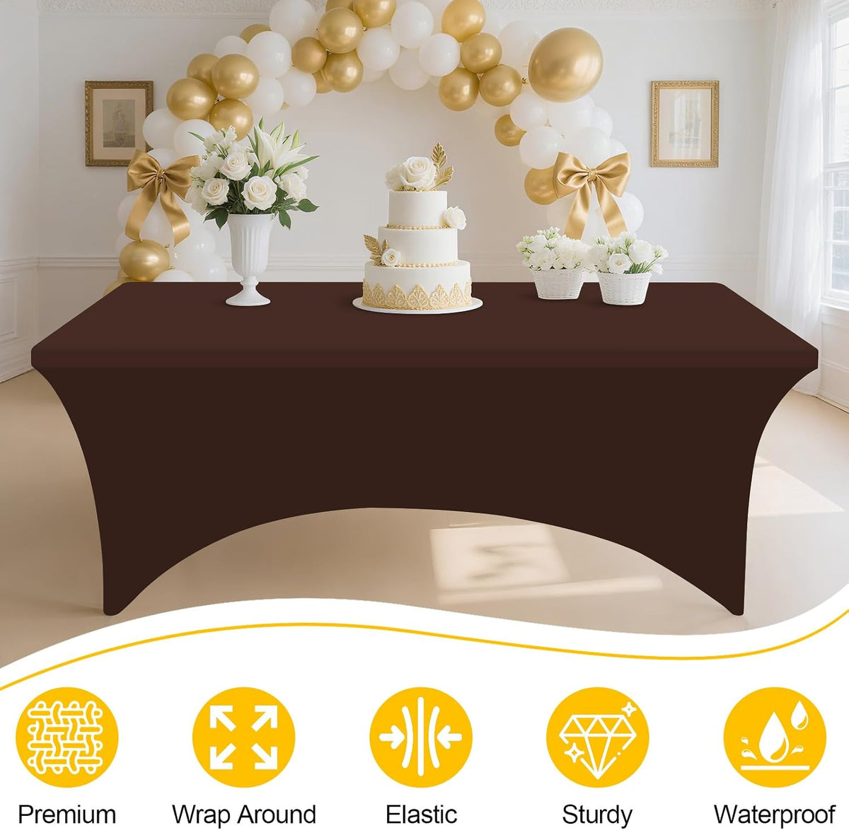 Custom Logo Elastic Fitted Tablecloth, Wrinkle Resistant Stretch Table Cover for 4/6/8ft Rectangular Event Tables