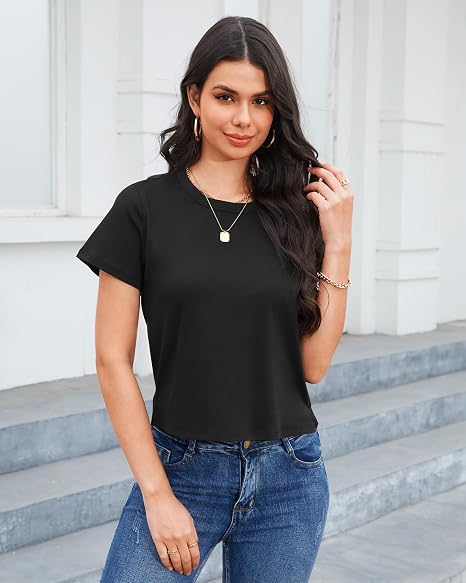 Women Classic Fit Crew Neck T Shirt, Soft Breathable Cotton Short Sleeve Casual Tee for Daily Wear