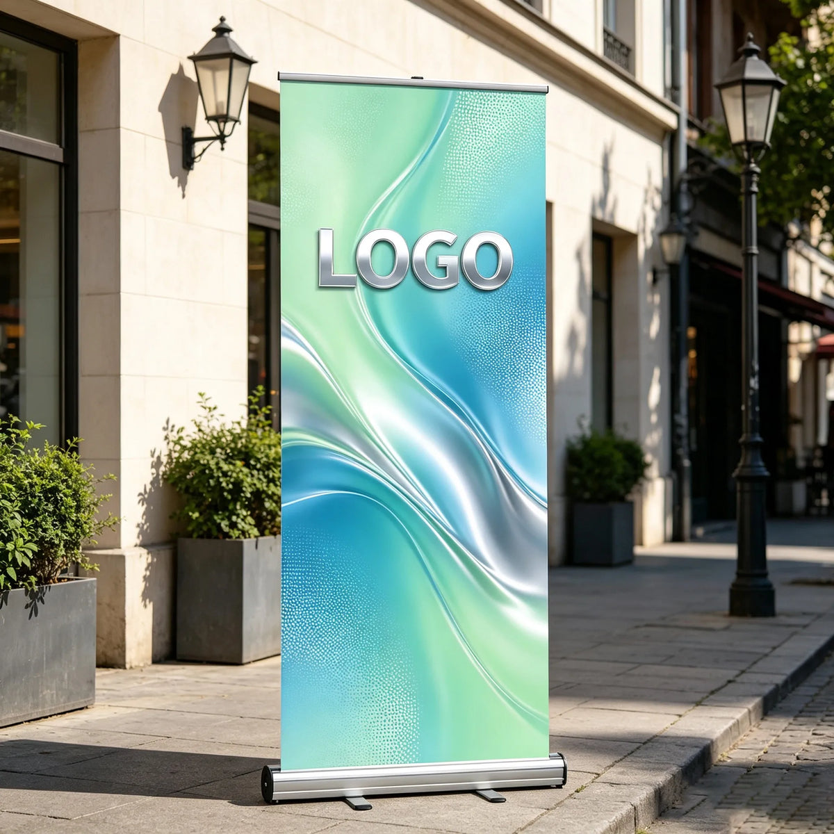 Custom roll up banner stand with aluminum base and transport wheels shown on a city sidewalk