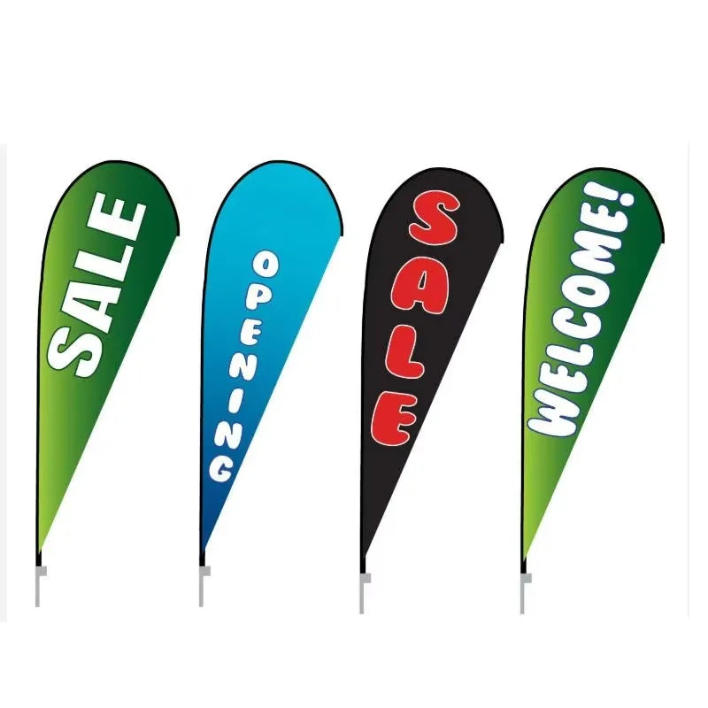 Custom printed teardrop beach flags with poles - SALE, OPENING and WELCOME designs
